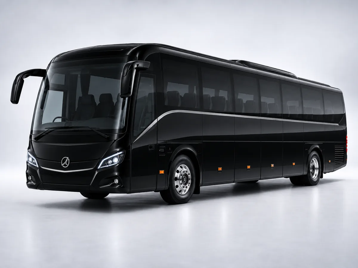 Black Irizar touring coach, studio view