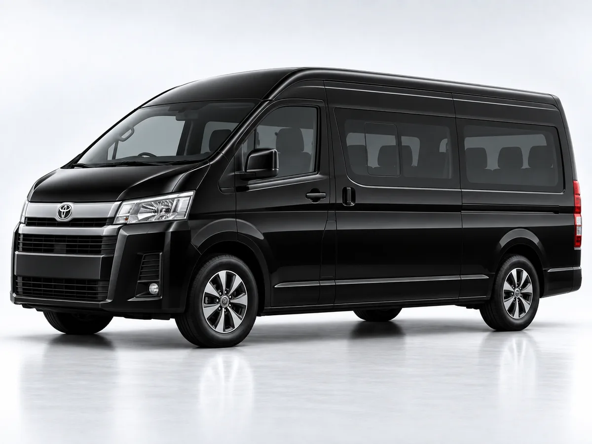 Black Toyota Hiace high-roof minivan, studio view