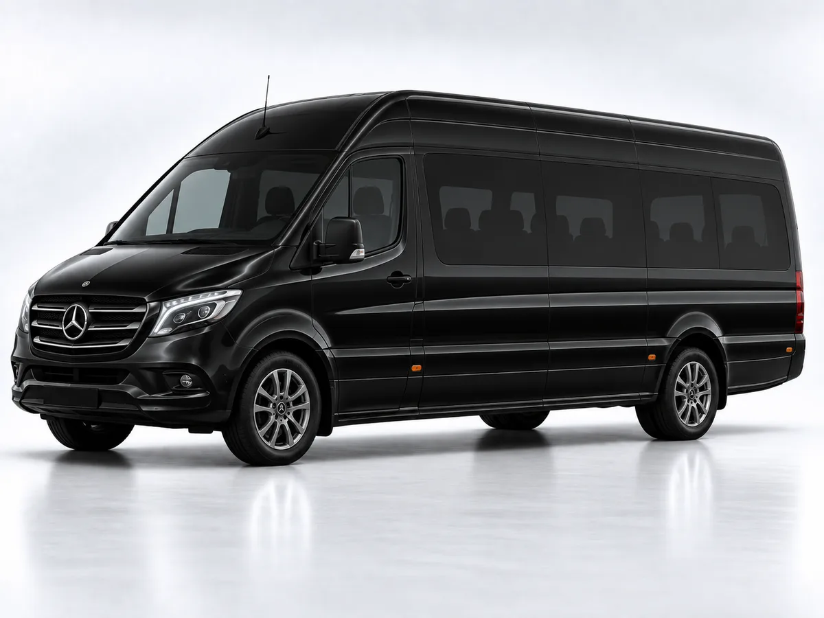Black Mercedes-Benz Sprinter minibus, studio view