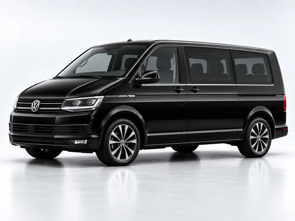 Black Volkswagen Caravelle minivan, studio view