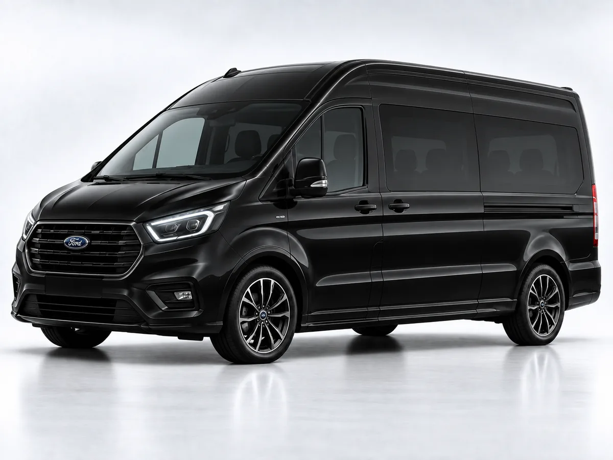 Black Ford Tourneo Custom, wheelchair accessible, studio view